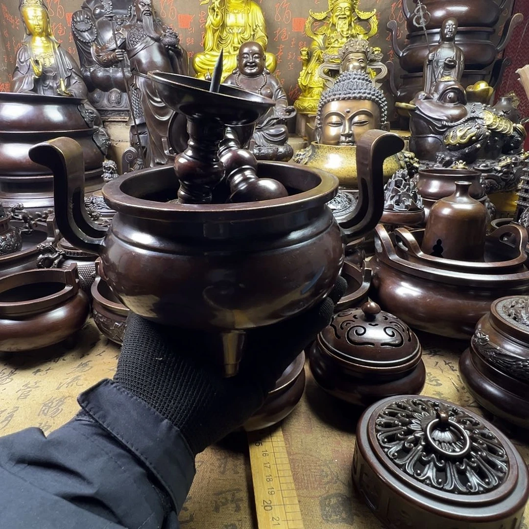 沙***孩14.5公分口径官帽炉➕烛台一对铜香炉供香炉聚宝盆