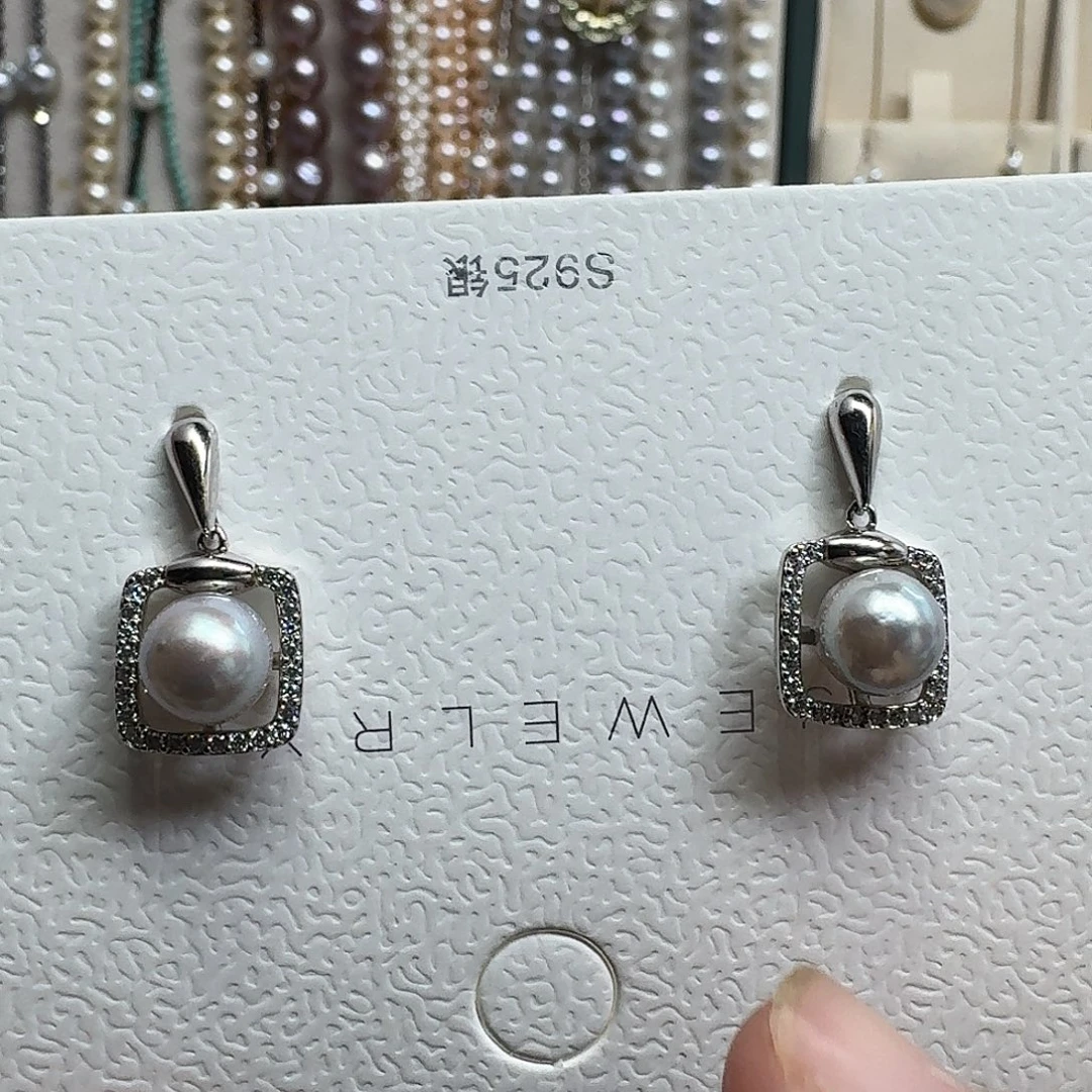 银S925镶嵌耳饰海水珍珠7mm真多麻方块耳饰