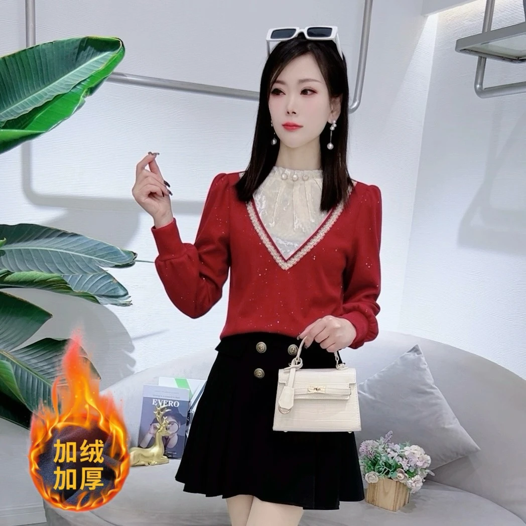 A7800法式长袖打底衫女冬季新款洋气显瘦加绒上衣