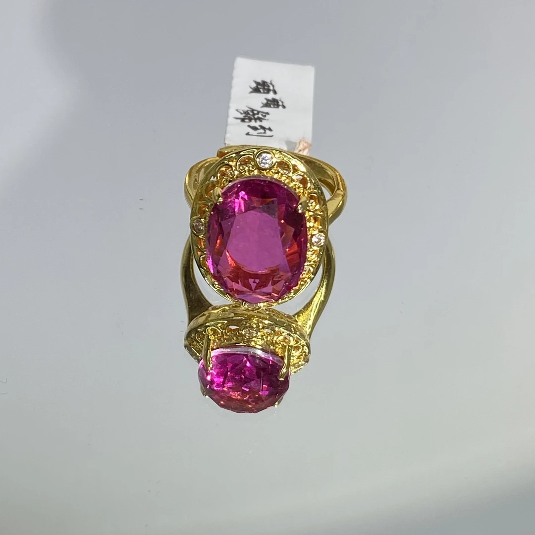 铜合金合成锆石戒指 玫红色椭圆形时尚气质女士戒指 612