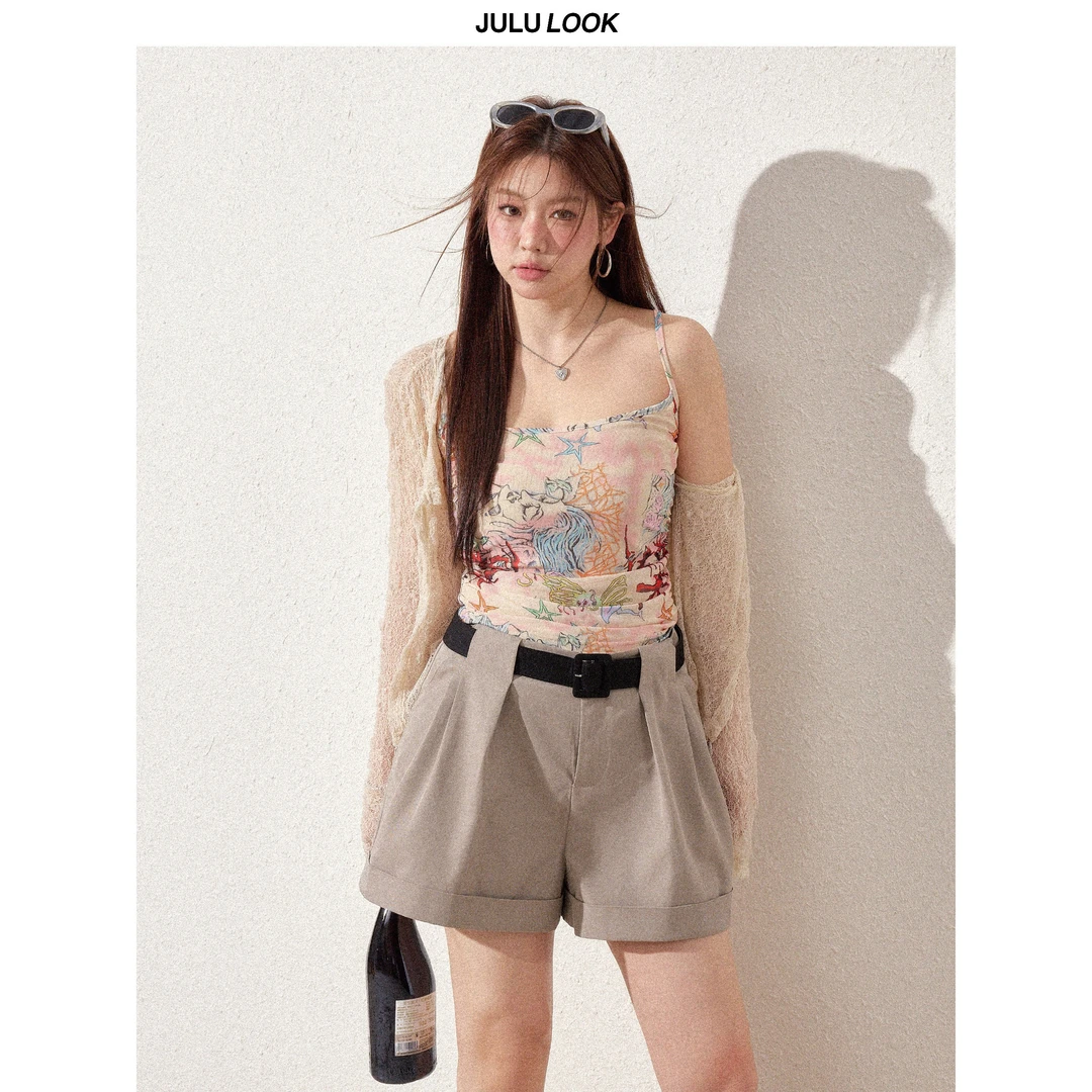巨鹿工作室“西海岸girl”微胖mm美式复古吊带/罩衫/短裤大码套装