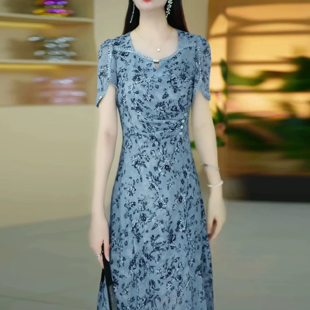 A5053 中腰修身V领长裙长袖夏季连衣裙蕾丝时尚气质女装
