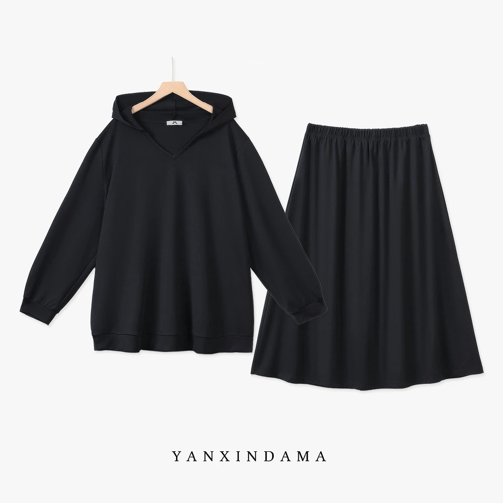 大码女装300斤胖MM韩版连帽长袖卫衣+纯色半裙套装10132
