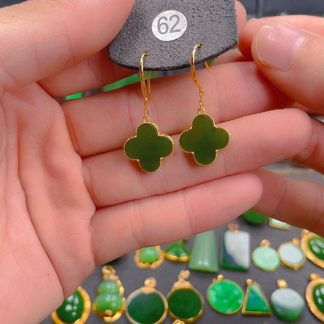 和田玉（碧玉）18K金镶嵌耳饰62