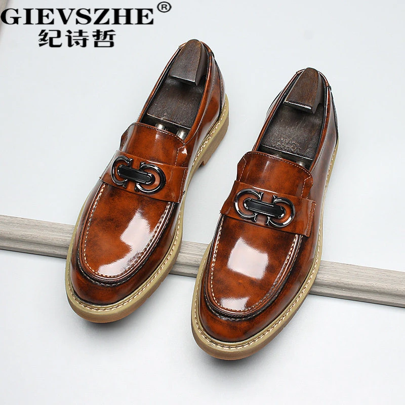 纪诗哲真皮商务休闲皮鞋男英伦冬季一脚蹬牛筋底擦色便士乐福鞋子