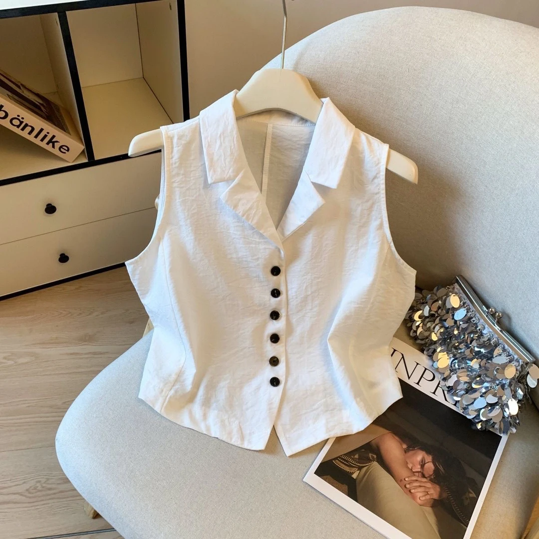 自留款推荐~老钱风单排扣翻领马甲衬衫女夏季新款简约百搭短上衣