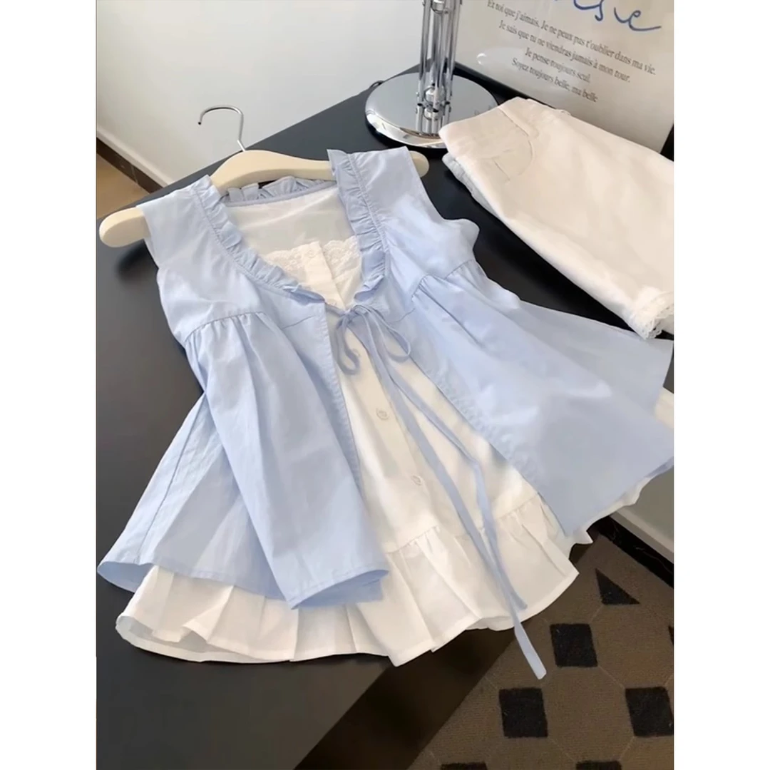 韩系减龄撞色假两件背心娃娃衫女夏季新款气质甜美无袖外穿上衣