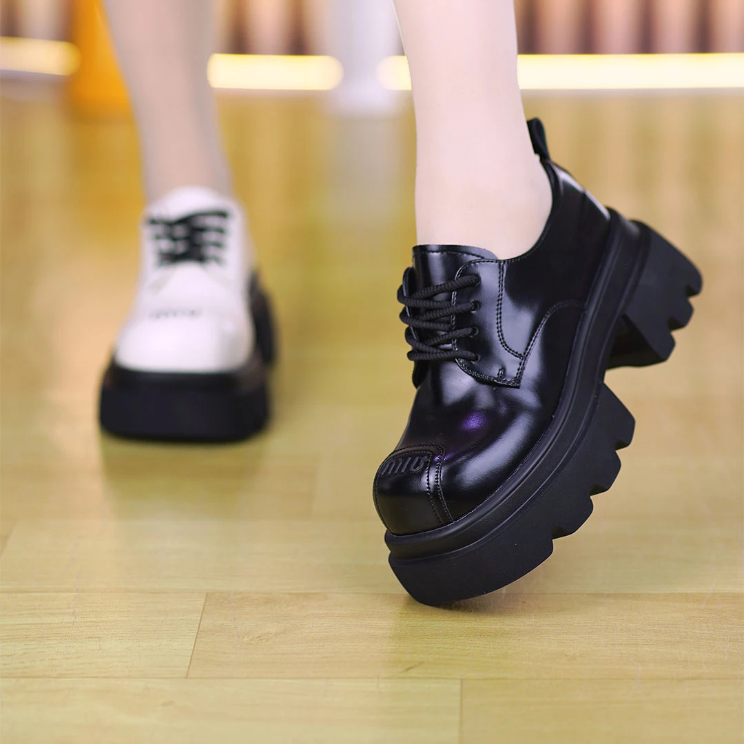 B8803芭士拉真皮女乐福鞋粗跟圆头厚底增高英伦风系带单鞋