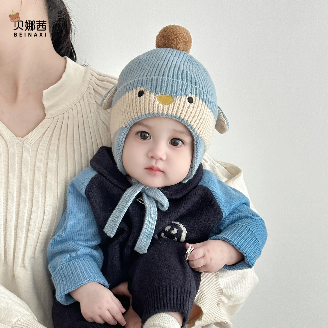 Beinaqian/贝娜茜婴儿帽子秋冬季保暖针织帽加厚护耳帽冬天毛线帽