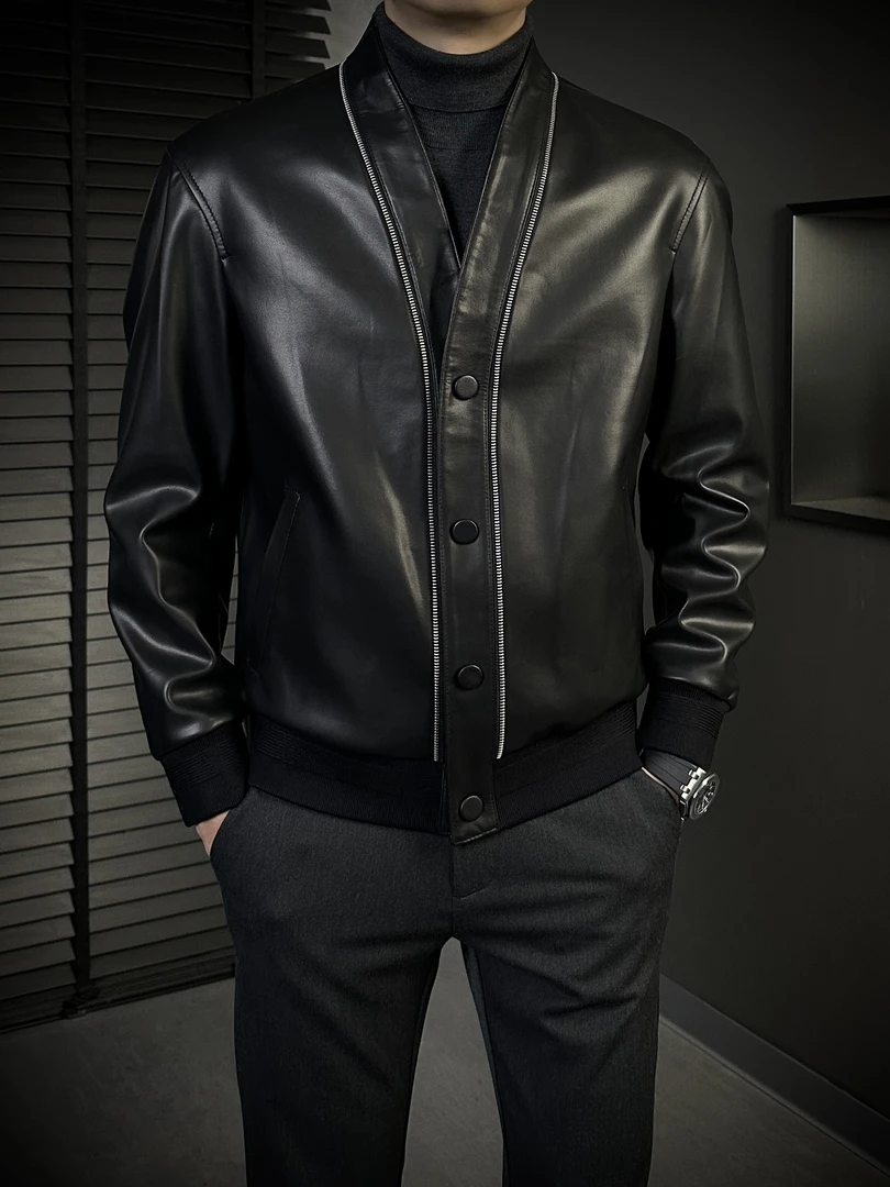 KING&GUCH【100%羊皮】秋季新款百搭男士青果领短款夹克外套25001