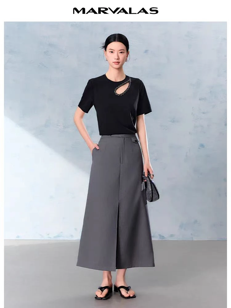 【商场同款】曼德诗开叉半身裙新款冰感纱通勤百搭中长裙M207311862