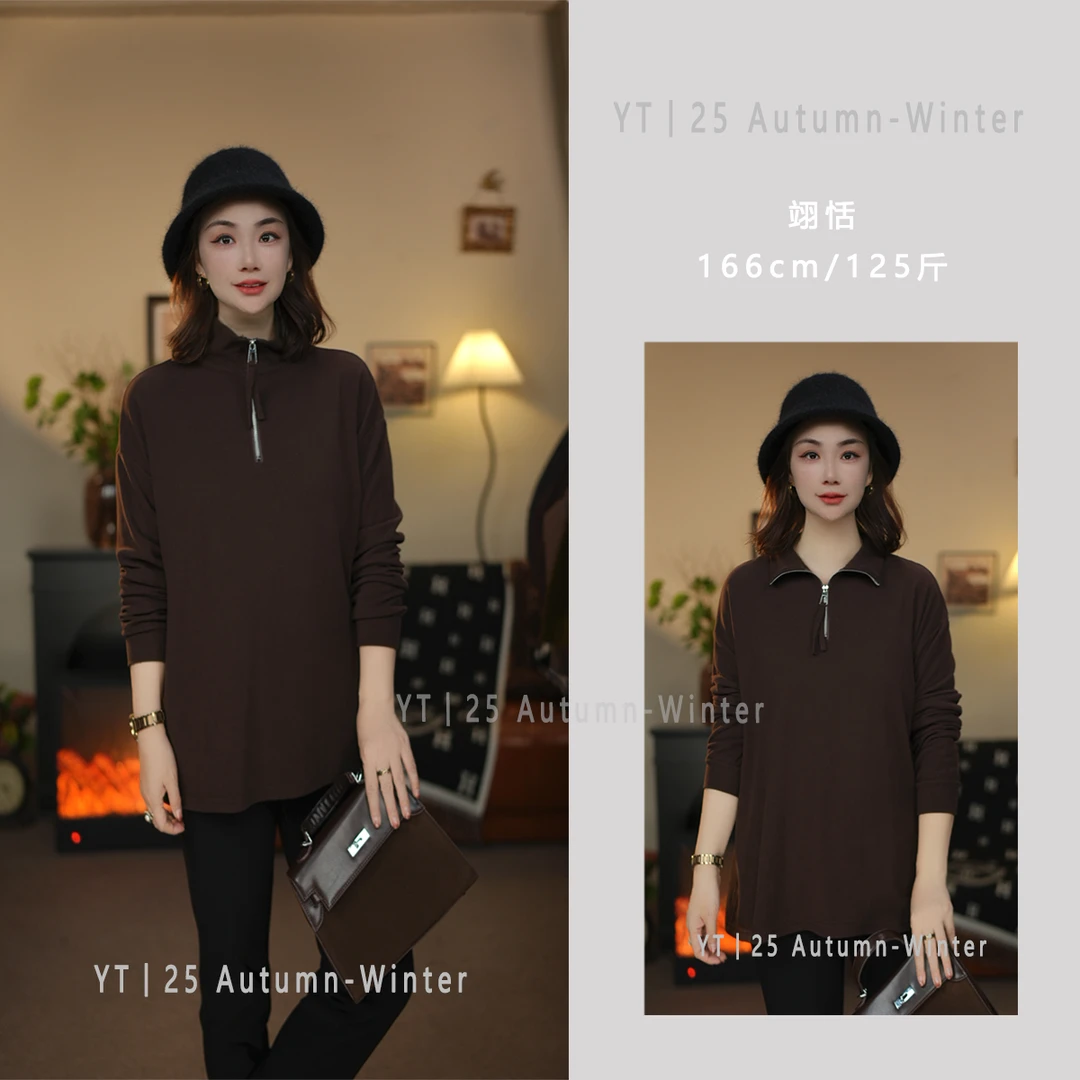 YT25秋冬加厚半高领打底衫女秋冬内搭半拉链新款洋气保暖t恤#8075