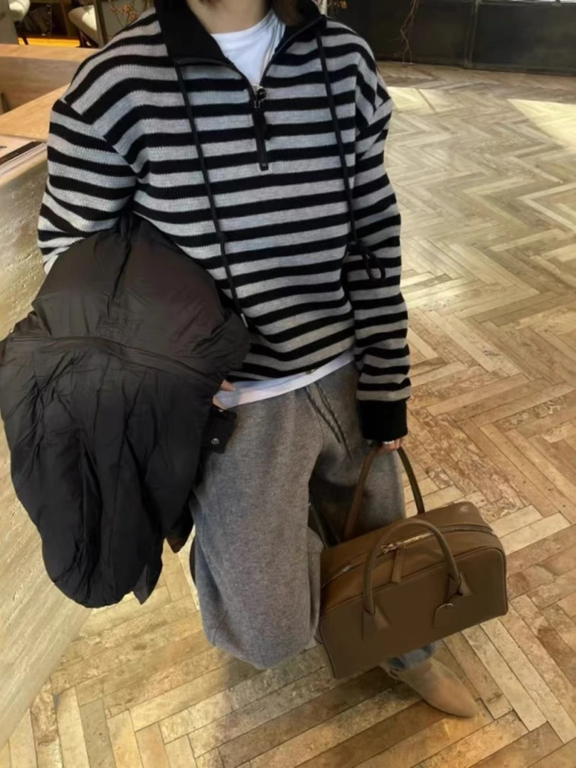 【云云精选】2672 加绒条纹半拉链上衣