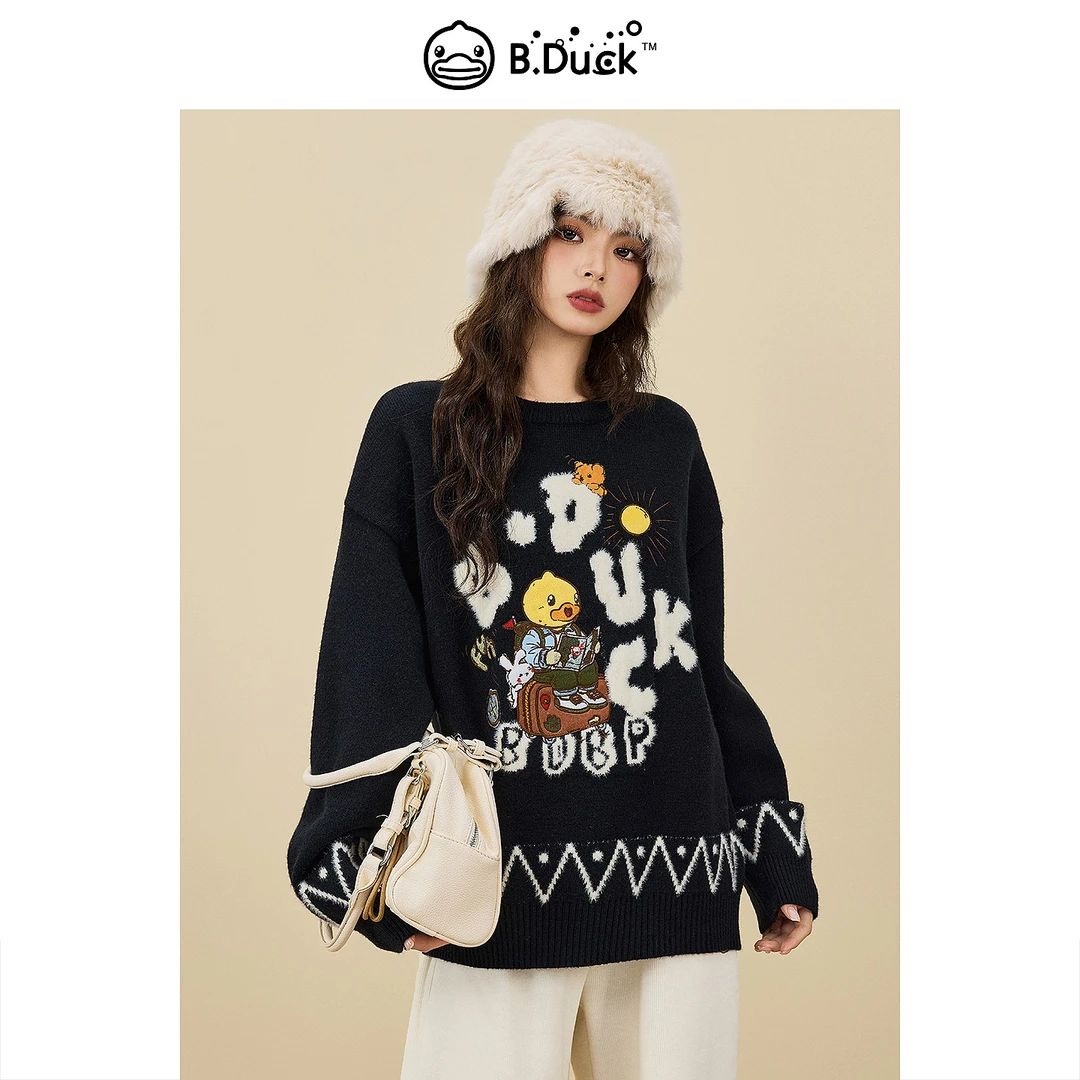 B.Duck小黄鸭星野牧歌系列2025冬季新款背包旅行鸭鸭字母套头毛衣