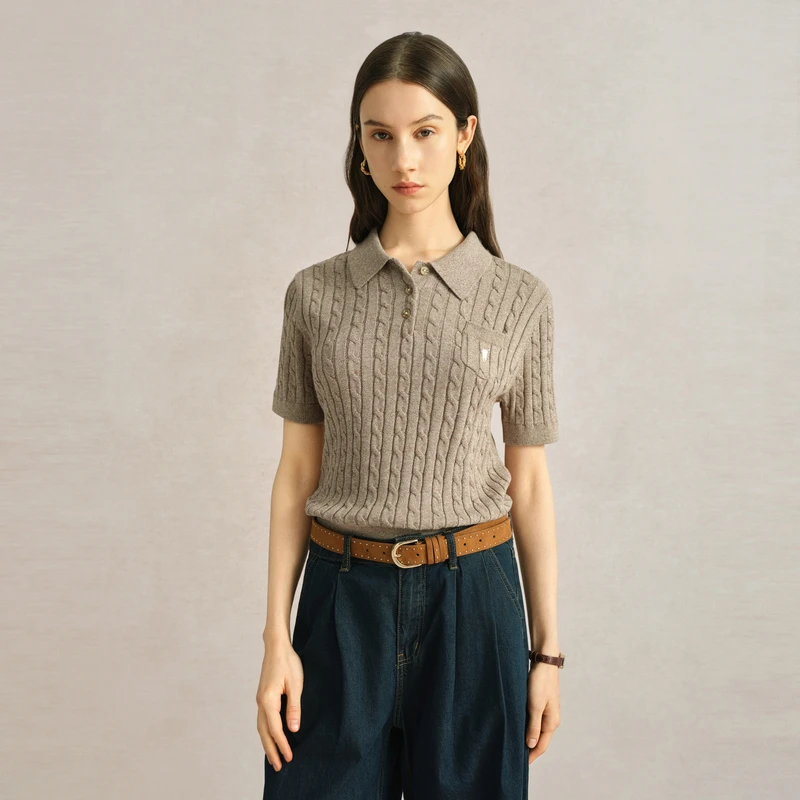 POLOWALK女装2024新品短袖翻领套头针织衫