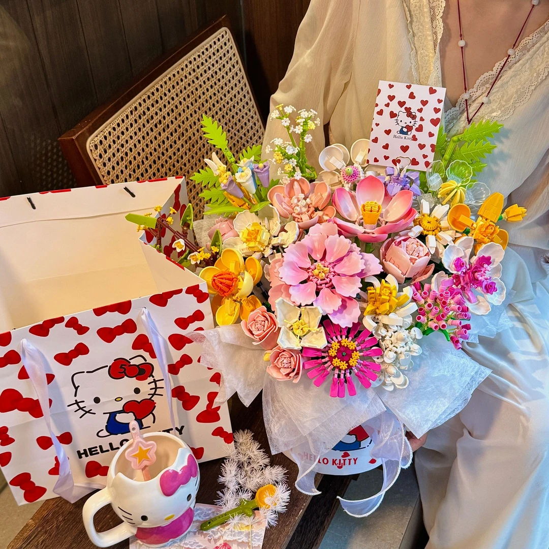【哈喽kitty系列】知否花间积木一整套积木花束永生玫瑰高颜值礼物