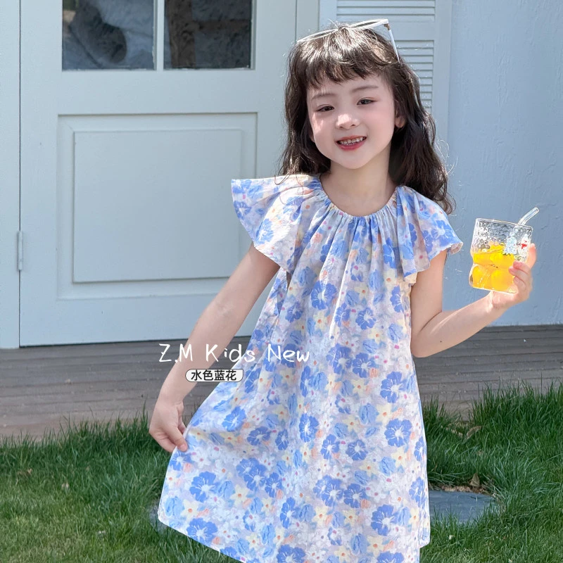 【水色蓝花】2025夏季儿童单层棉布裙碎花裙女童连衣裙B-58396