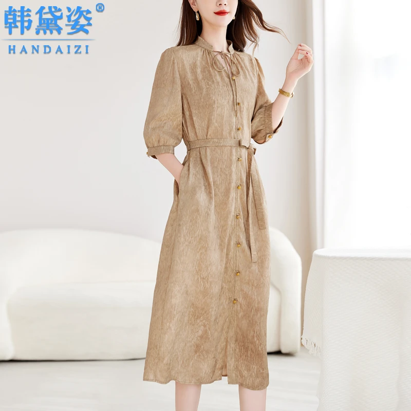 杭州时尚重磅丝麻连衣裙女中长款2025年夏装新款亚麻过膝显瘦长裙