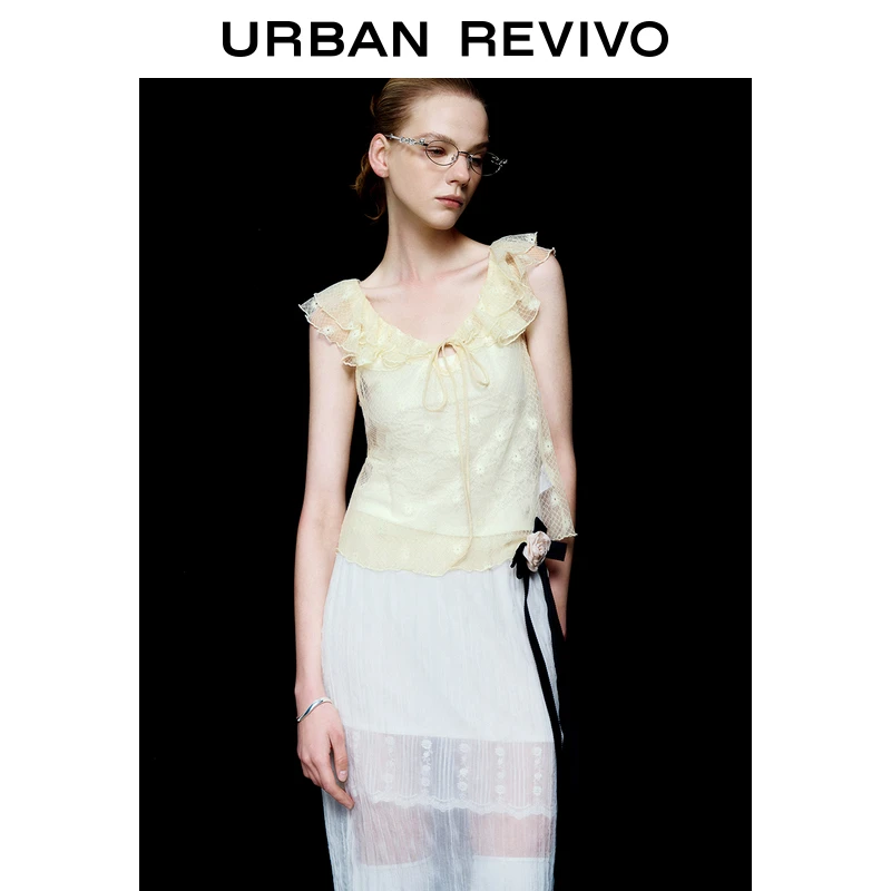 UR2025春季新款女装欧若风度假感刺绣荷叶边系带背心UYU450056
