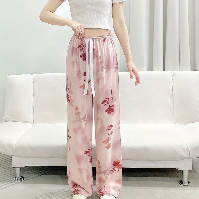 春夏薄款阔腿裤棉绸睡裤女慵懒风显瘦大码可外穿百搭休闲长裤Y160