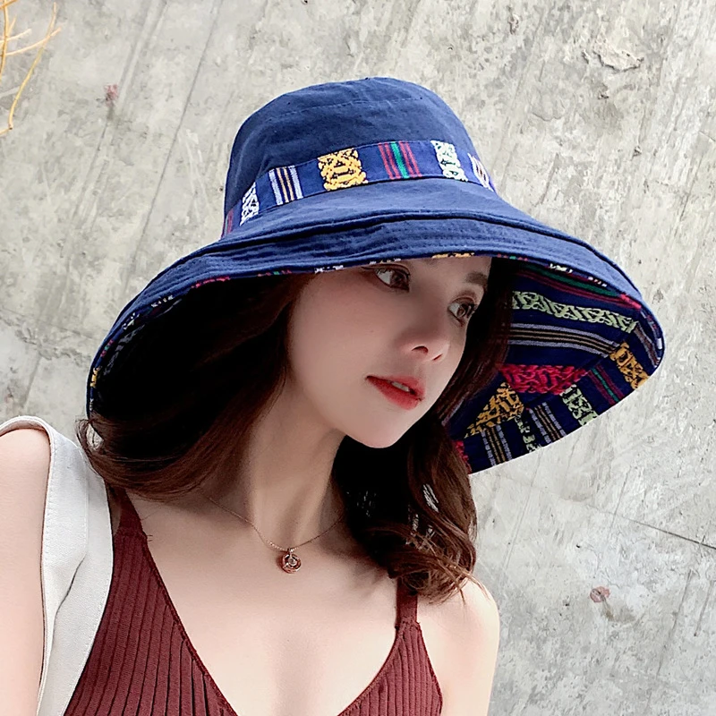 潮渔夫帽女夏天可折叠民族风盆帽时尚百搭防紫外线布帽双面沙滩帽
