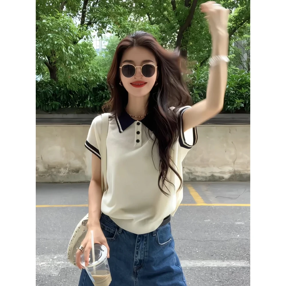 设计感polo领冰丝针织短款上衣女2025夏季百搭正肩显瘦短袖t恤