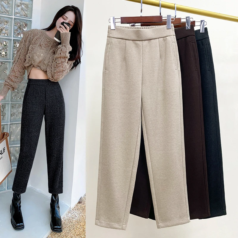2025春季毛呢哈伦裤女九分松紧腰深圳高货醋酸羊毛显瘦烟管小脚裤