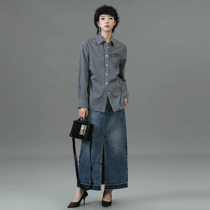 U/TI 蓝白条纹收腰款抗打皱再生纤维素显瘦设计感高定长袖衬衫