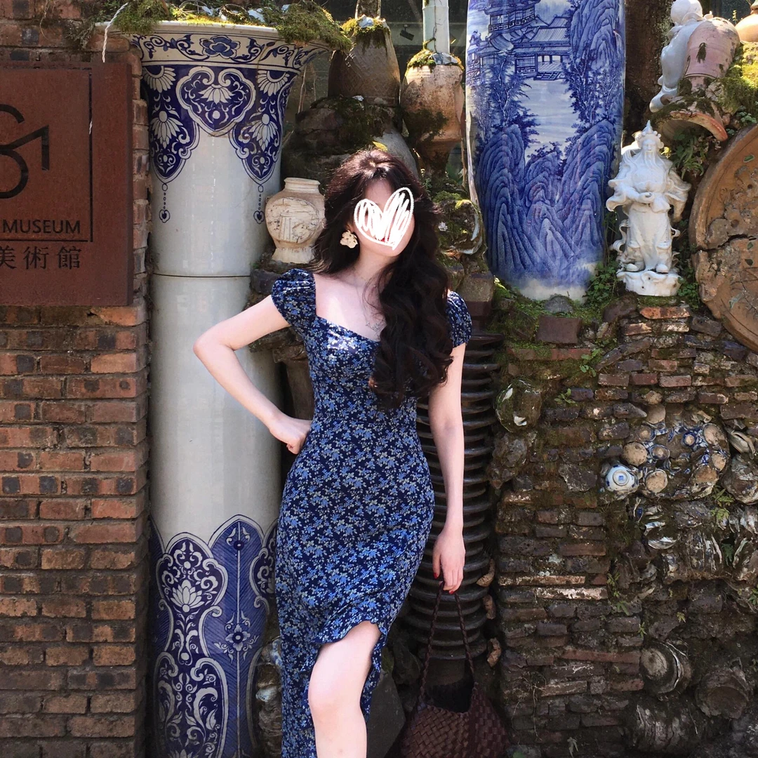 法式复古桃心领碎花开叉连衣裙夏季短袖收腰长裙