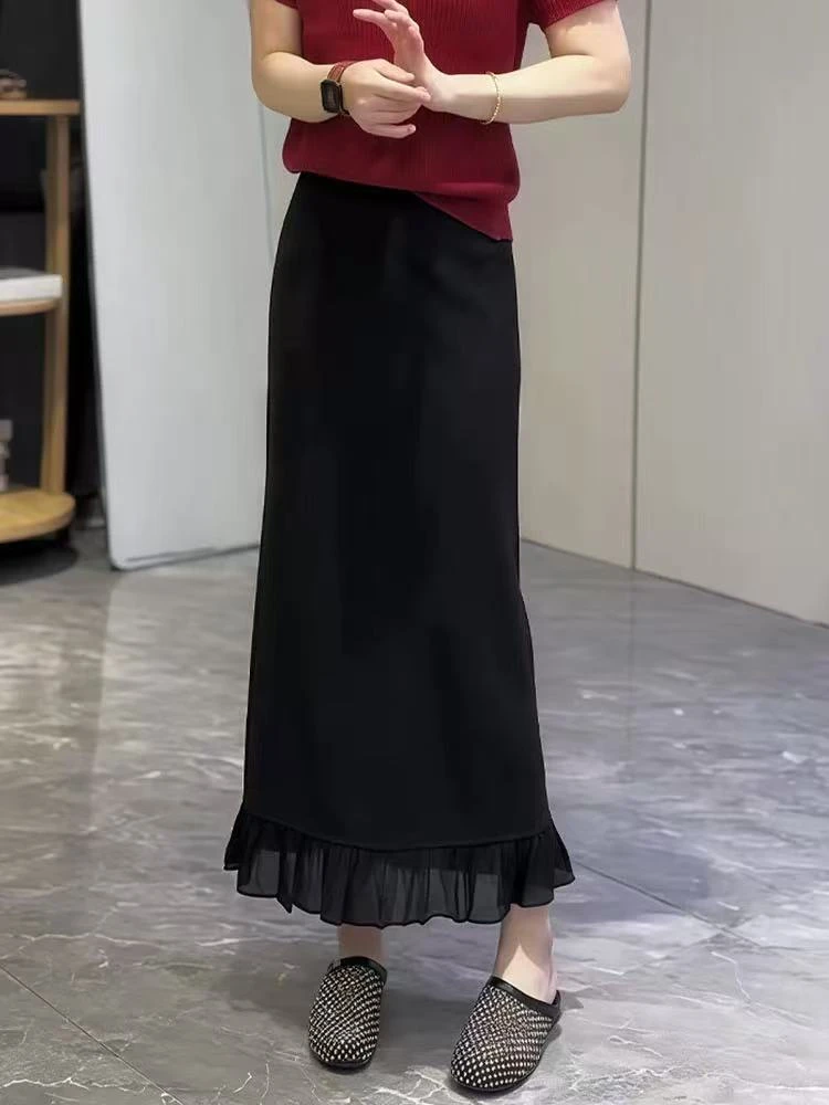 88589微胖mm高腰网纱拼接半身裙女夏季新款高档黑色百搭显瘦a字裙