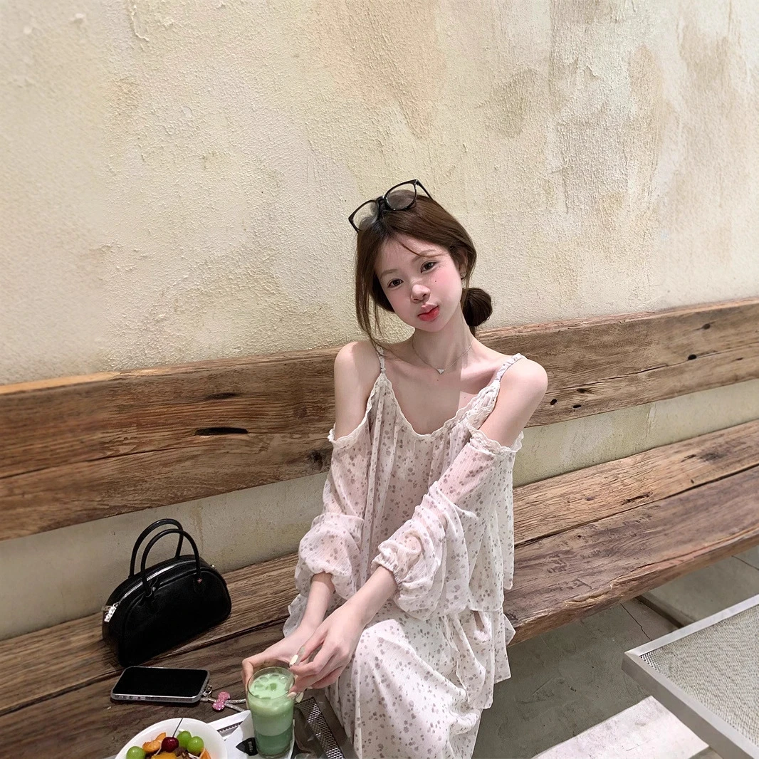纯欲慵懒风女装禅意仙气飘飘实拍 一字肩度假碎花连衣裙女夏宽松