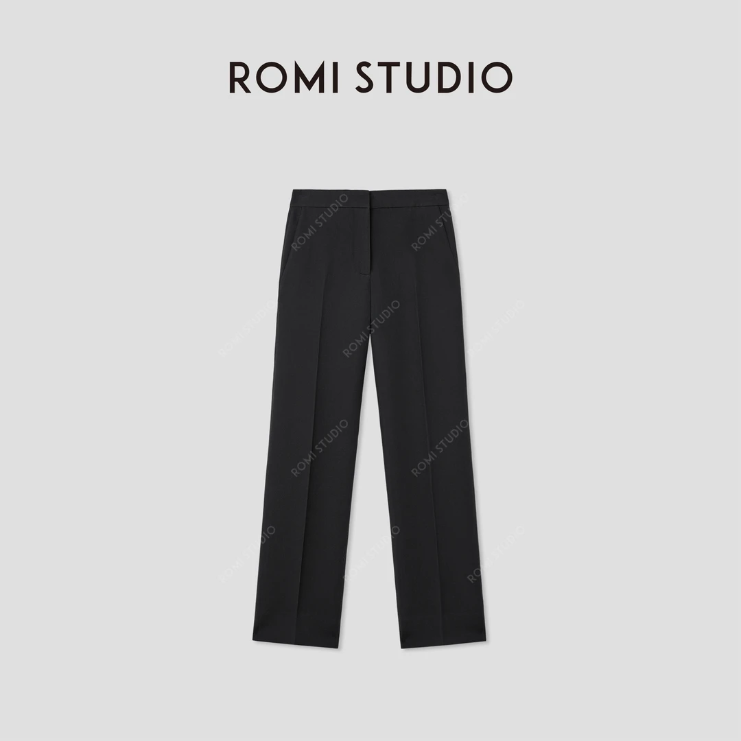 ROMI STUDIO“自我轮廓”桑蚕丝羊毛黑色优雅直筒西裤 RWCRXW3706