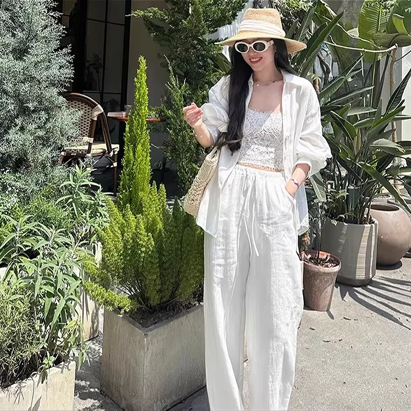 2025韩版夏季新款白色休闲裤时尚百搭长裤女夏季亚麻阔腿裤子