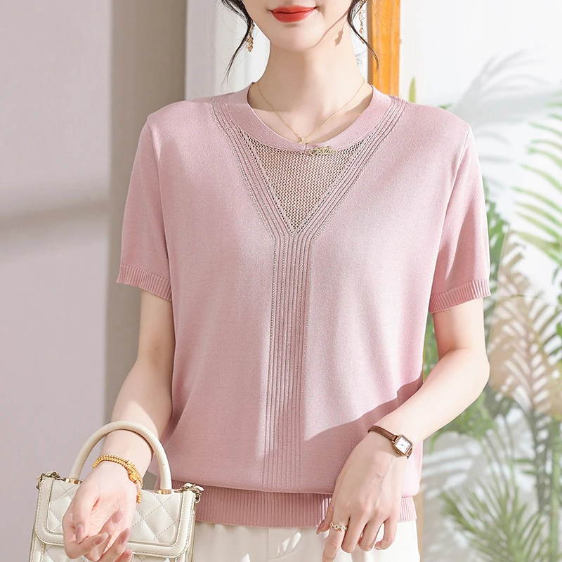 妈妈夏装短袖针织小衫洋气冰丝T恤中老年女装气质显瘦印花宽松弹