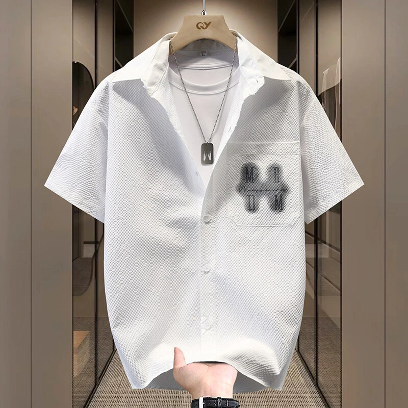 夏季冰丝潮流宽松新款翻领青少年衬衣帅气薄款外套泡泡纱短袖衬衫