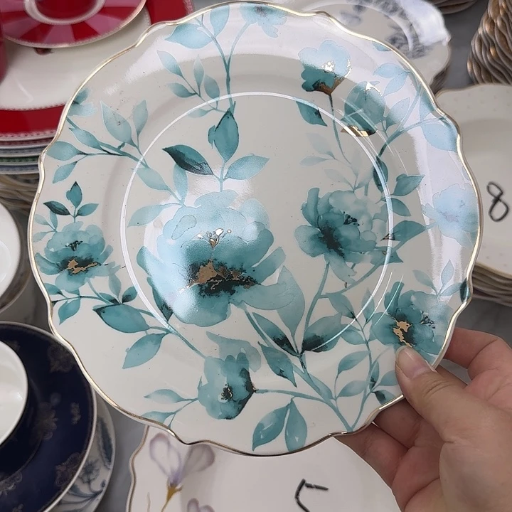 瓷8英寸蓝色平盘3个微瑕