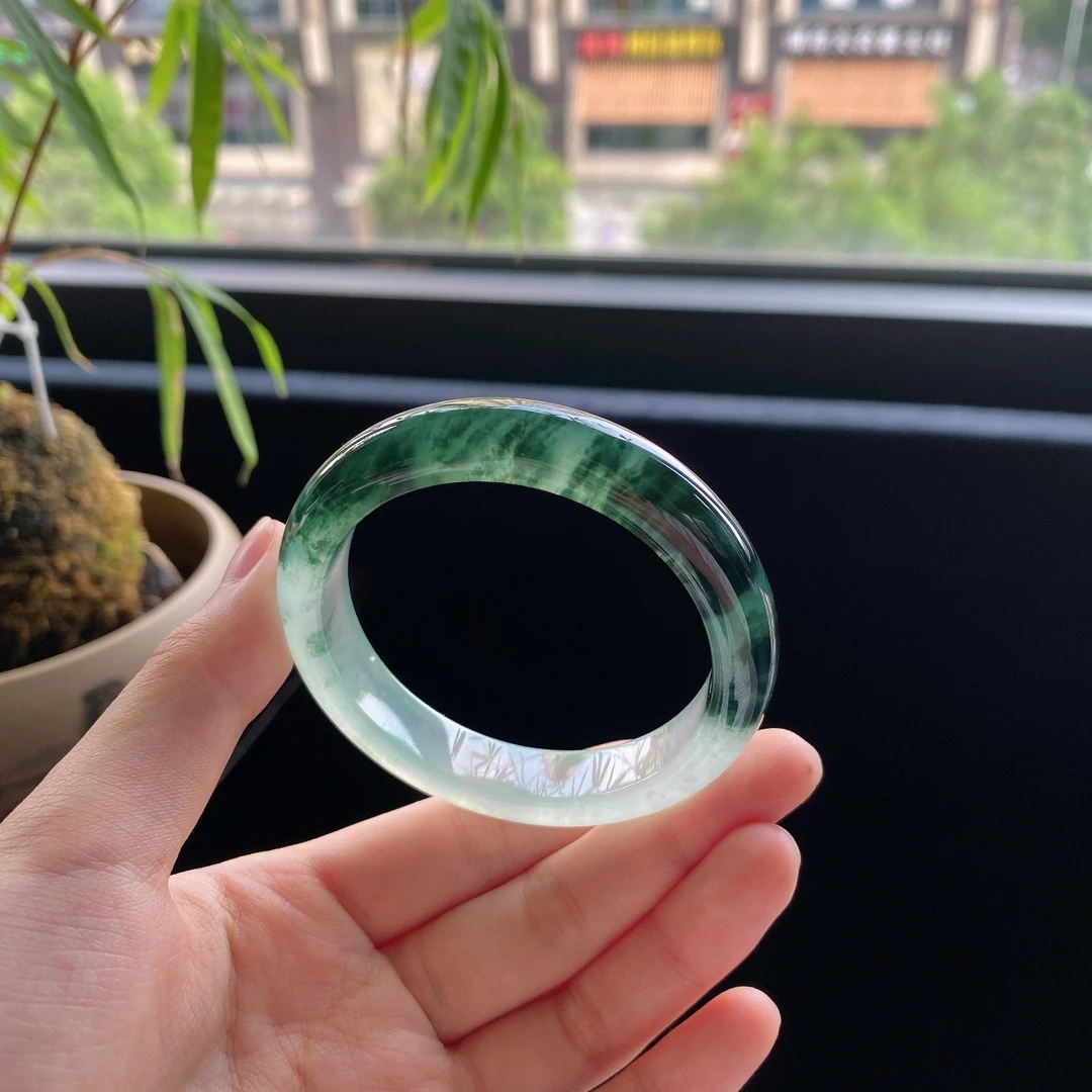 好色珠宝  圈口52缅甸老坑A货冰种飘花正圈女款翡翠手镯