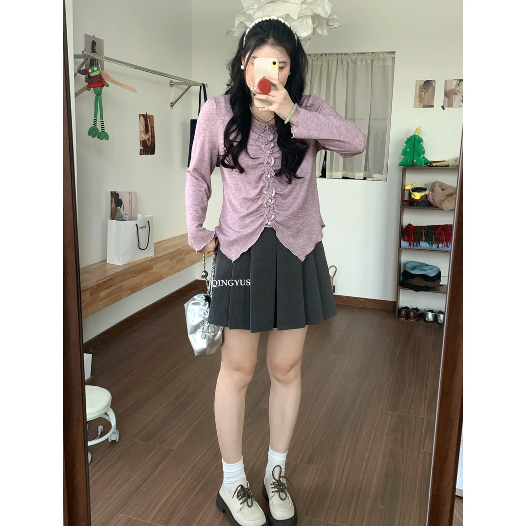 QINGYUS-法式V领捏褶针织T恤微胖显瘦收腰遮肉上衣冬季大码女装