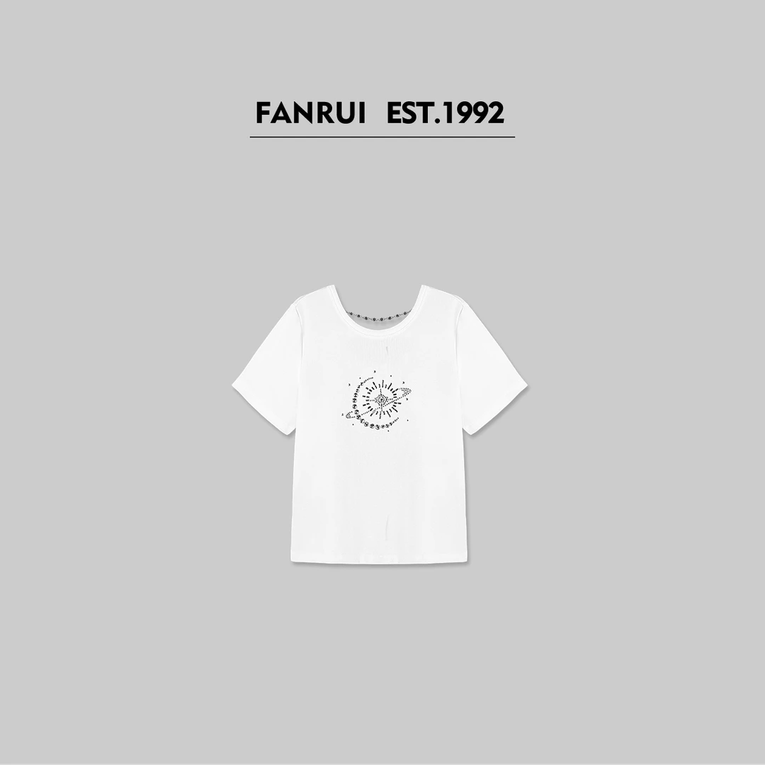 FANRUI/泛芮「恒星公转 」圆领烫钻印花设计感短袖T恤XM15212