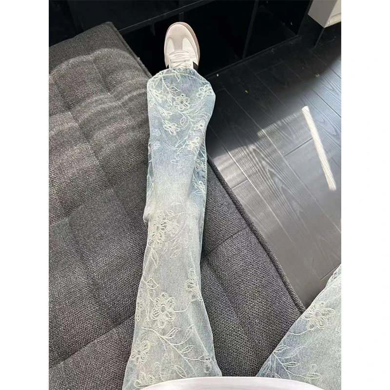 美式vibe浅蓝色提花满印牛仔裤男款潮牌高级感水洗裤子直筒微喇裤