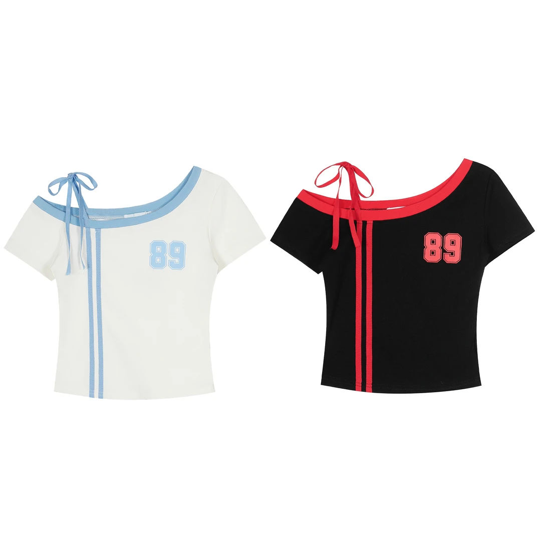 EZEK复古辣妹风印花斜肩短袖T恤女夏季新款修身显瘦短款上衣韩系