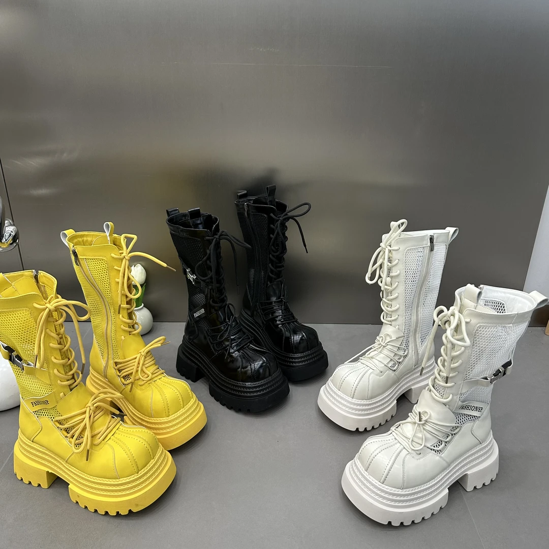 贝壳头马丁靴网纱厚底松糕圆头中筒靴皮带扣凉靴机车靴女6061-81