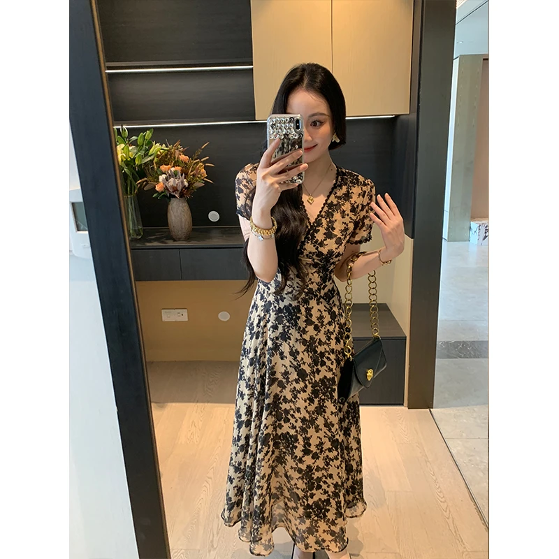 XINYI【月下花眠】夏季V领印花雪纺连衣裙收腰显瘦气质X625Q10633