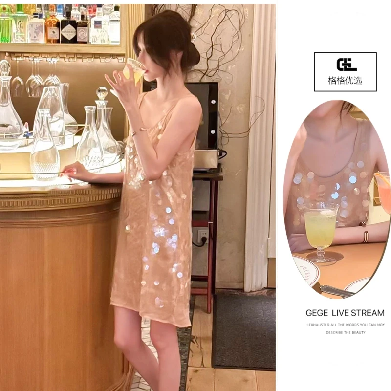 【璀璨琉璃】25年T台走秀款春夏裸色系简约重工闪闪亮片吊带连衣裙