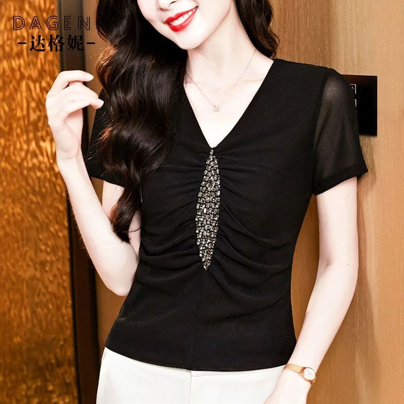 高级感V领镶钻网纱短袖t恤女2025夏季新款设计感时尚洋气蕾丝上衣
