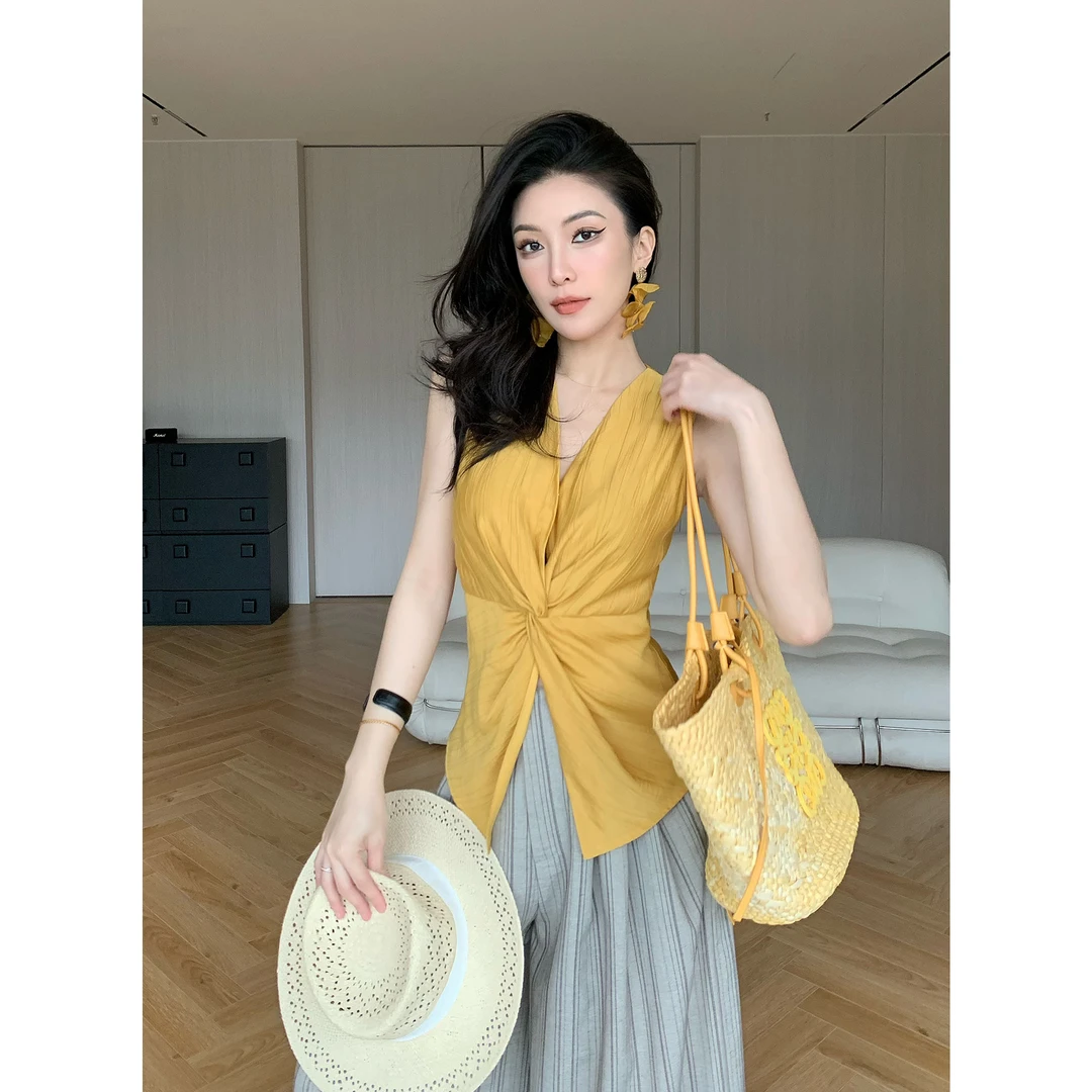 JIJINQI 韩版V领扭结褶皱设计感无袖上衣 JD04SZQM026