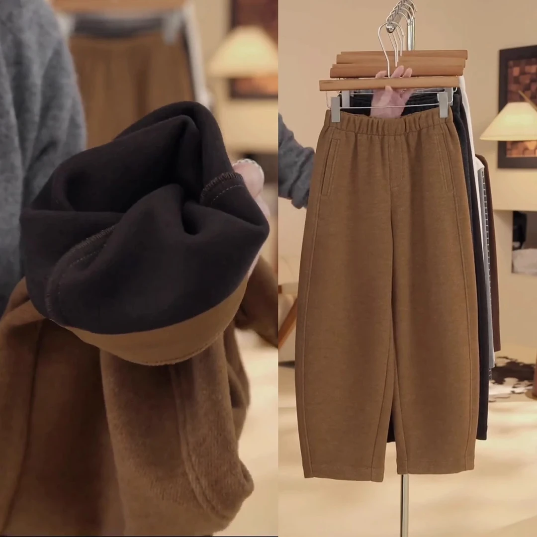 舒羽绒澳毛裤加厚加绒九分窄版弯刀裤松紧腰羊毛裤保暖显瘦香蕉裤