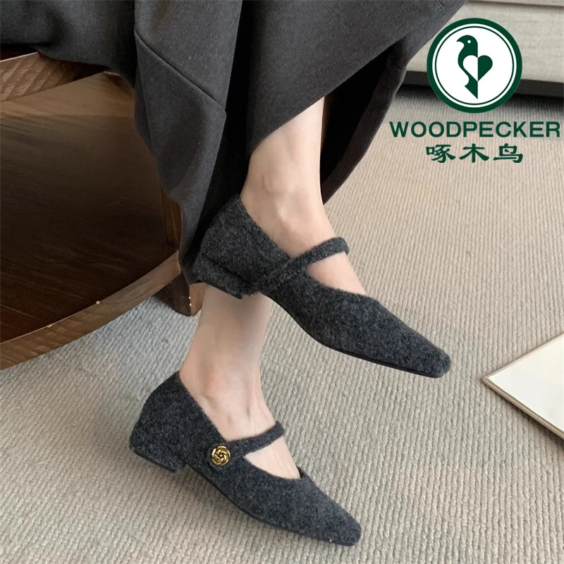 啄木鸟灰色毛呢法式气质低跟毛毛单鞋女2025年春季晚晚风玛丽珍鞋