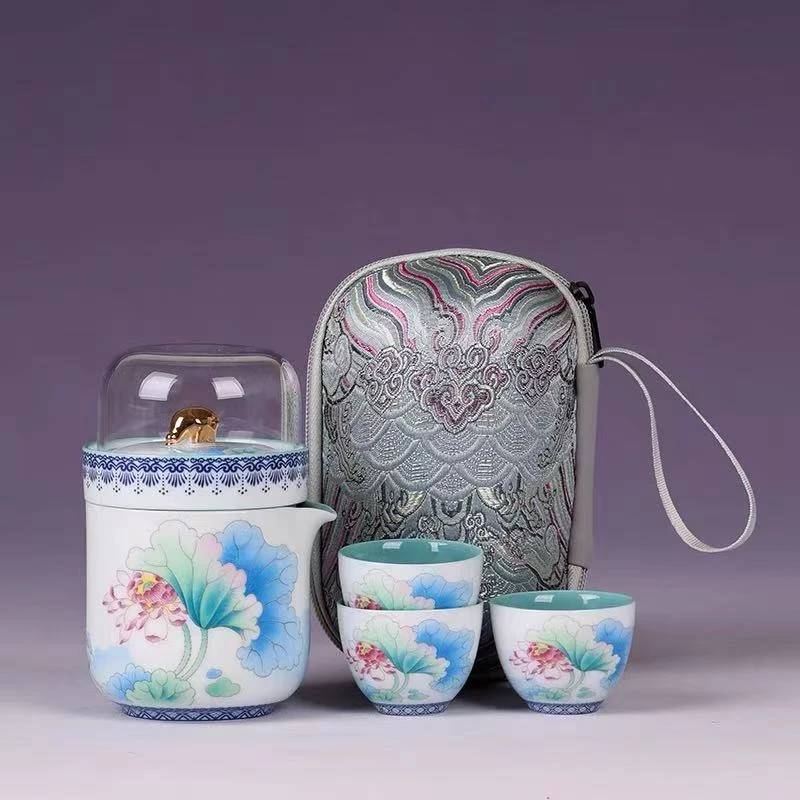 寻也造物 荷花 珐琅彩 一壶三杯旅行茶具 k0037