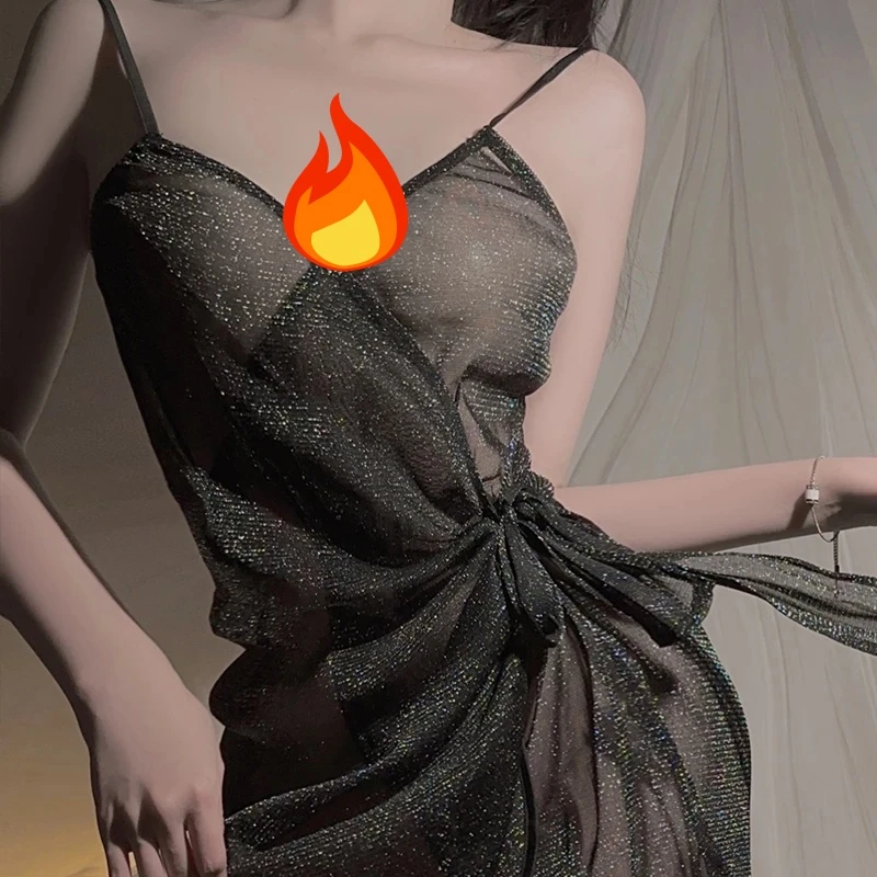 星空小黑裙性感纯欲风黑色吊带睡衣约会战袍气质宽松显瘦美背睡裙